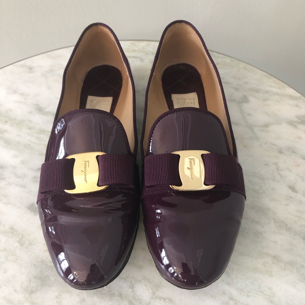 Salvatore Ferragamo Burgundy Flats with Gold Buckle